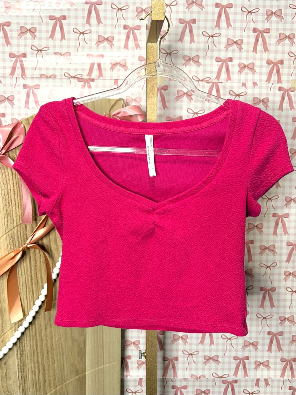 Anthropologie Hot Pink Ruched Scoop Neck Baby Tee Women’s Small BarbieCore Small